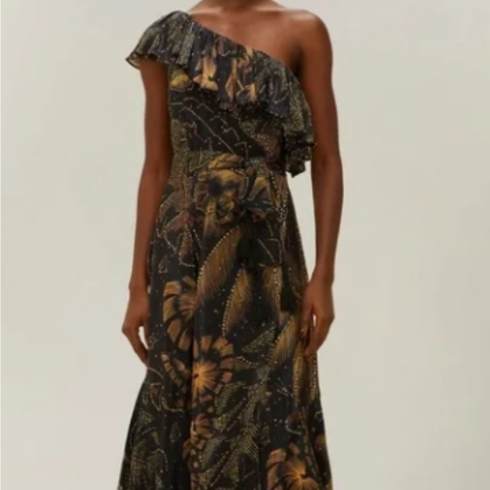 FARM Rio One-Shoulder Black and Gold Dress